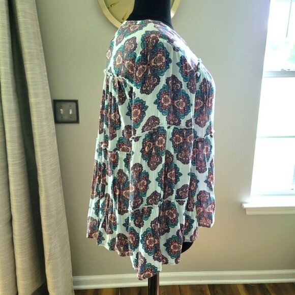 Red Camel Women Plus Floral Boho Chic Coral Blue Flounce Tunic Top Blouse 1X - Picture 3 of 6